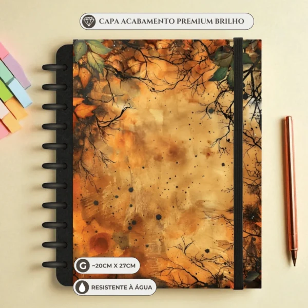 Caderno de disco Floresta tamanho grande universitário com 11 discos reposicionáveis e capa dura