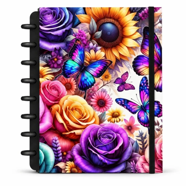 Caderno de disco modular com capa dura estampa artística Metamorfose de borboletas e flores sobre fundo branco