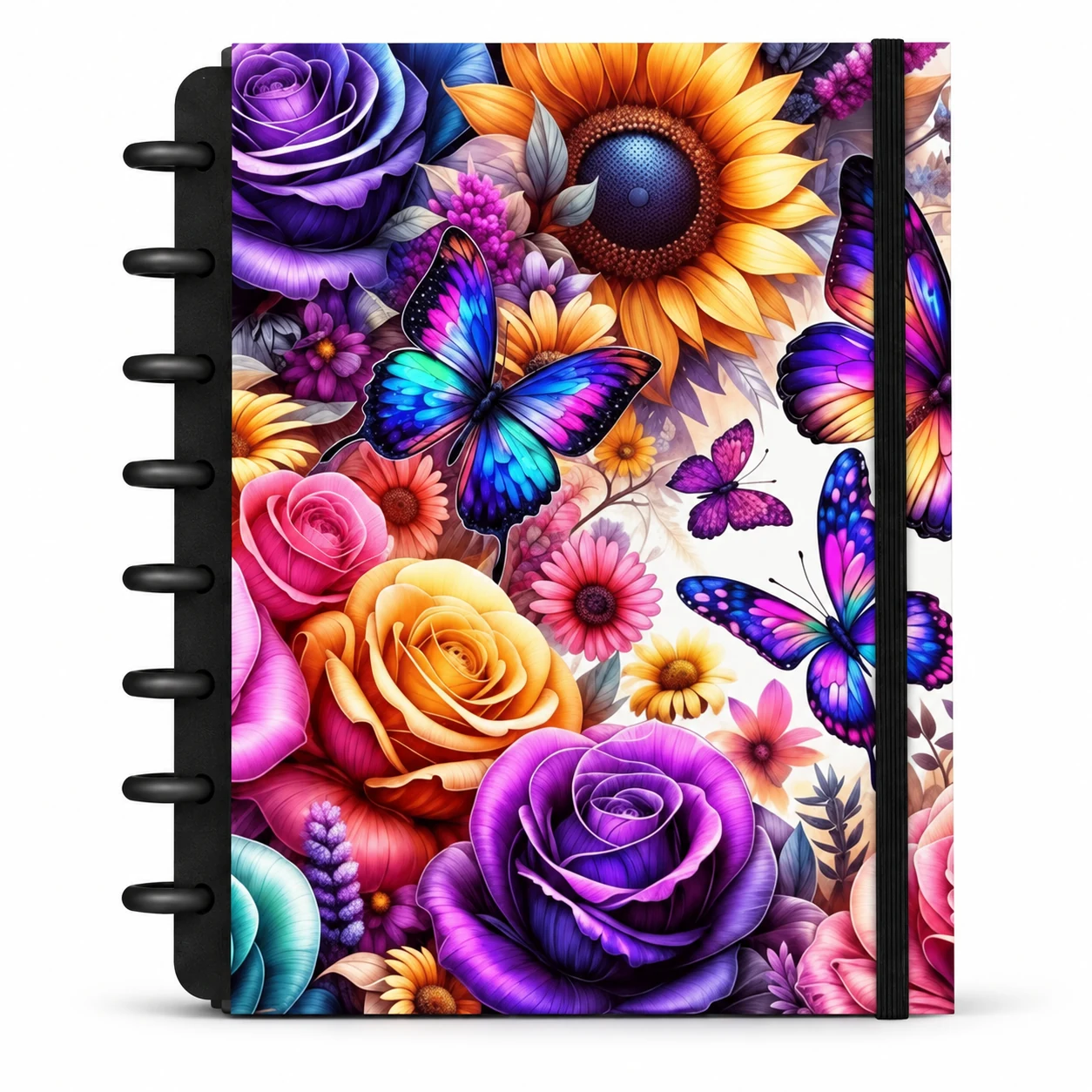 Caderno de disco modular com capa dura estampa artística Metamorfose de borboletas e flores sobre fundo branco