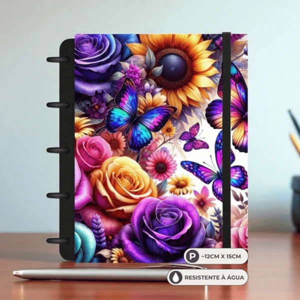 Caderno de disco Metamorfose tamanho pequeno compacto com 6 discos e detalhes coloridos