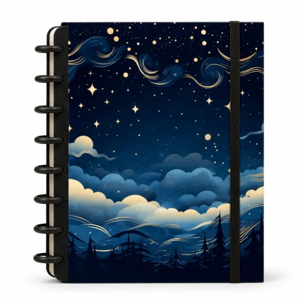 Caderno de disco modular com capa dura estampa artística Noite Celestial com lua e constelações sobre fundo branco