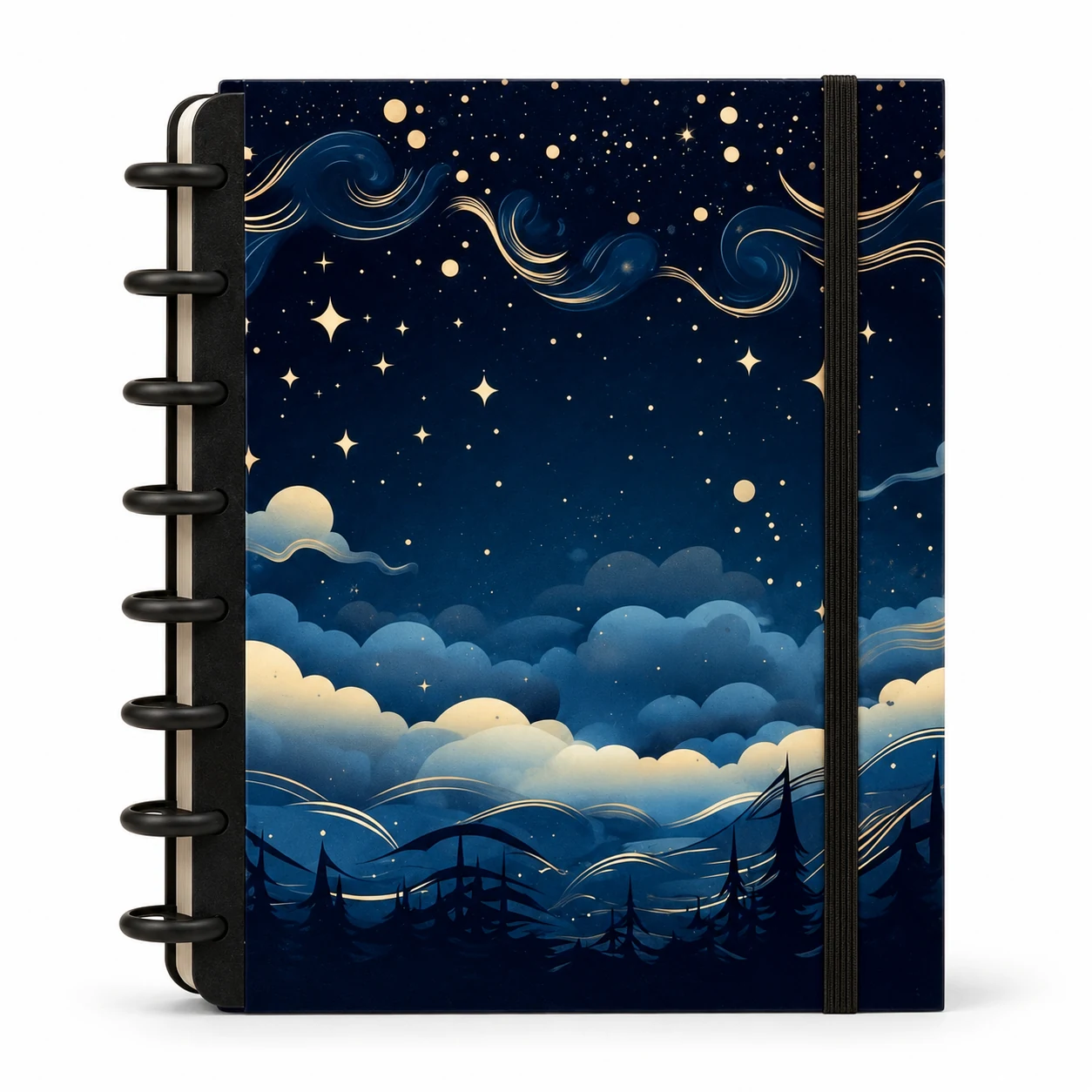 Caderno de disco modular com capa dura estampa artística Noite Celestial com lua e constelações sobre fundo branco