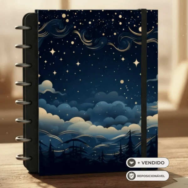 Páginas internas do caderno de disco Noite Celestial em papel encorpado 90g com pautas nítidas e conforto visual