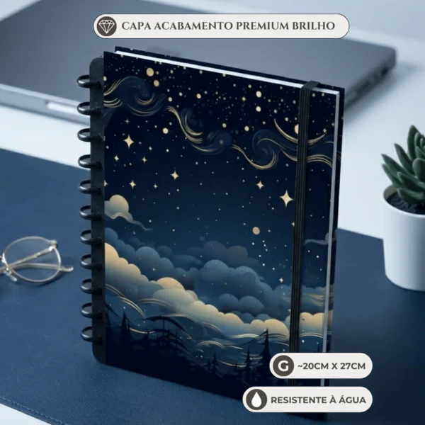 Caderno de disco Noite Celestial tamanho grande universitário com 11 discos reposicionáveis e capa dura