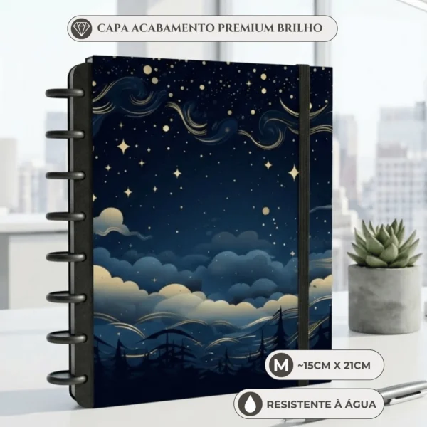 Caderno de disco Noite Celestial tamanho médio A5 com 8 discos reposicionáveis e capa dura astronômica