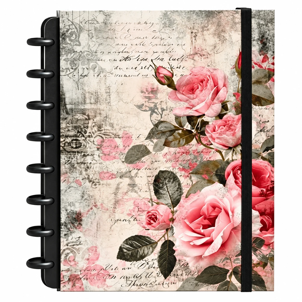 Caderno de disco modular com capa dura estampa artística Paris floral vintage com rosas cor-de-rosa sobre fundo branco