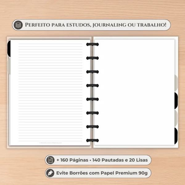 Páginas internas do caderno de disco Sakura em papel encorpado 90g com pautas nítidas e conforto visual