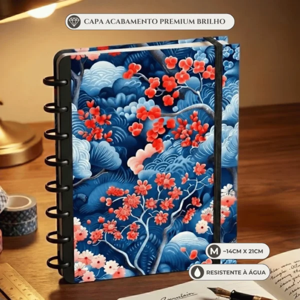 Caderno de disco Sakura tamanho médio A5 com 8 discos reposicionáveis e capa dura floral cerejeira