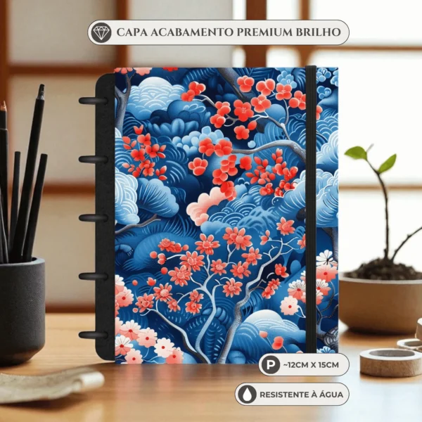Caderno de disco Sakura tamanho pequeno compacto com 6 discos e detalhes de flores de cerejeira