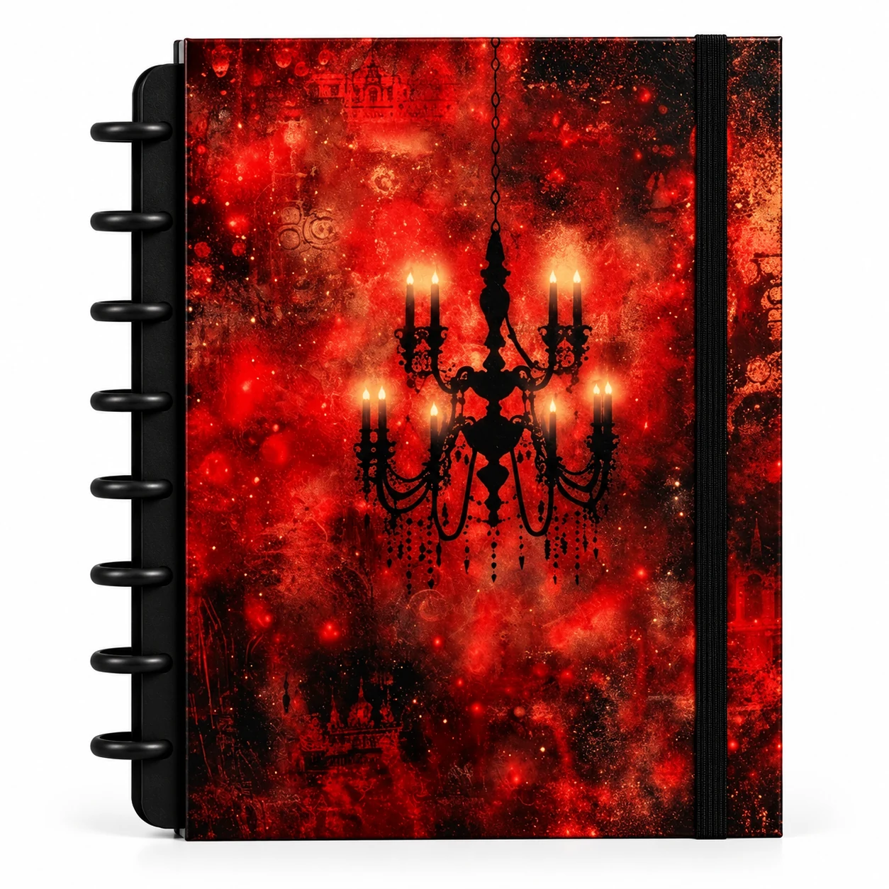 Caderno de disco modular com capa dura textura mármore vermelho rubi profundo e veios dourados sobre fundo branco