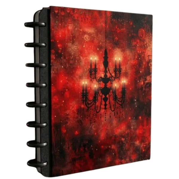 Caderno de disco reposicionável Véu de Rubi em ângulo perspectiva destacando o acabamento da capa dura e mármore rubi