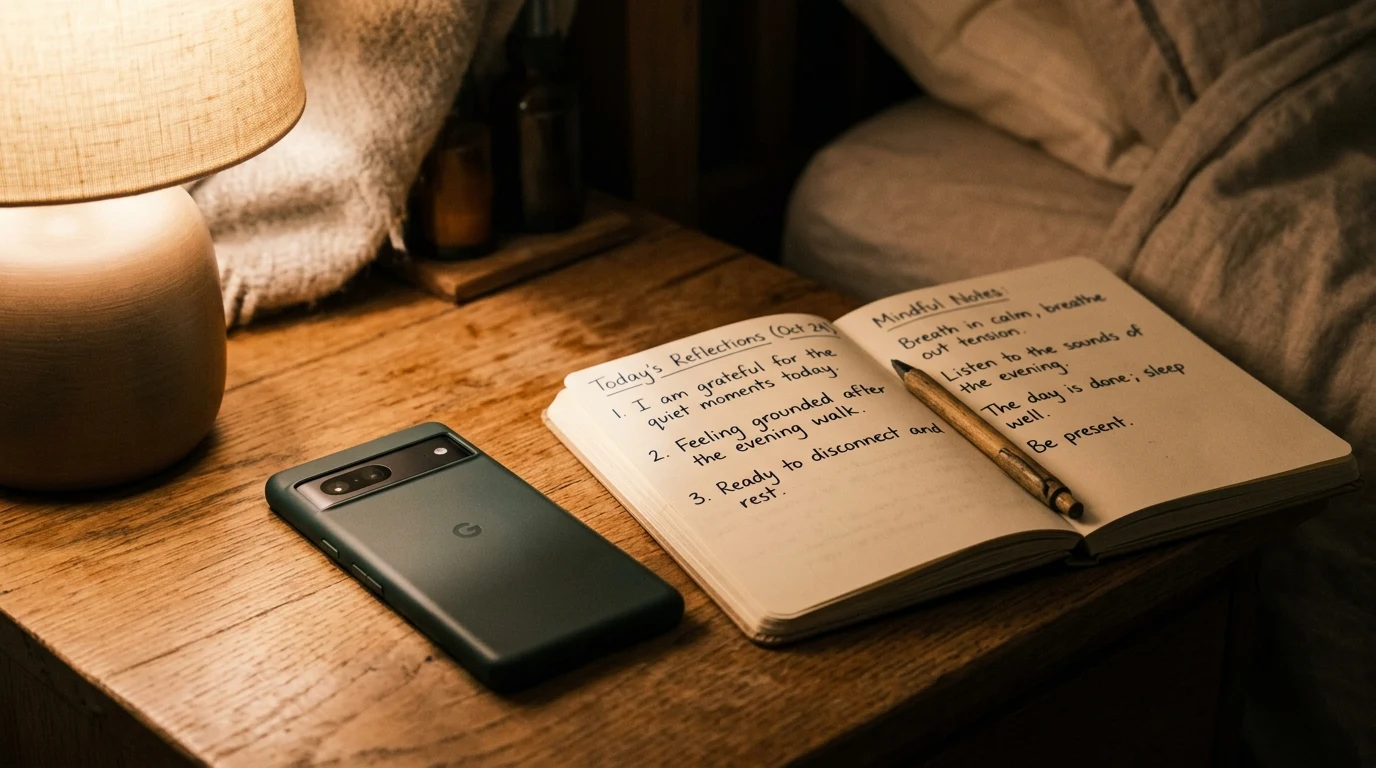 Smartphone virado para baixo ao lado de um caderno com notas reflexivas na mesa de cabeceira
