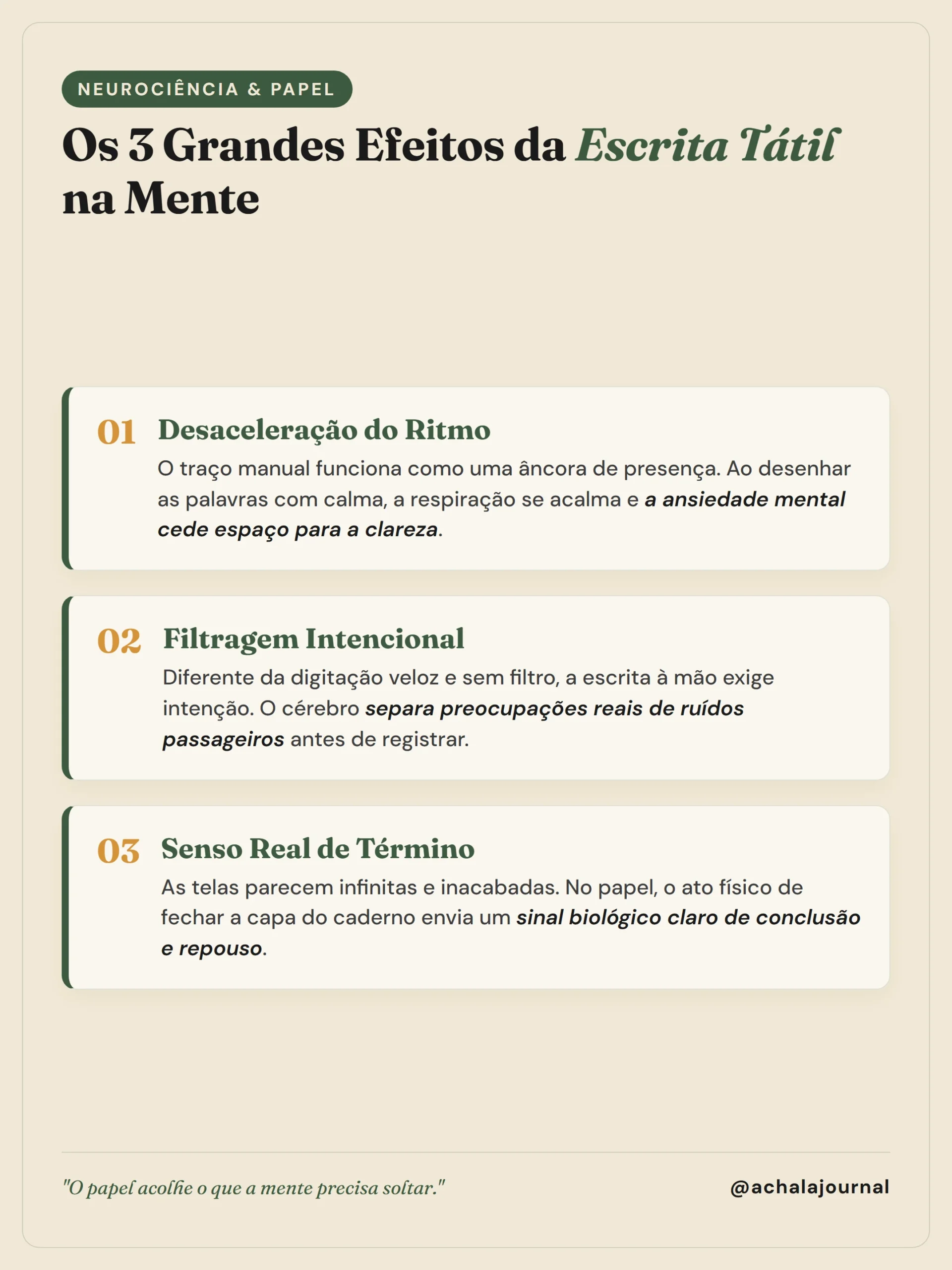 Infográfico editorial com os 3 Grandes Efeitos da Escrita Tátil na Mente: Desaceleração, Filtragem Intencional e Senso de Término