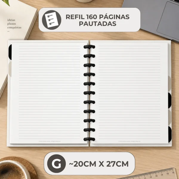 Opções de tamanhos do refil pautado Achala Journal disponíveis nos formatos Pequeno, Médio A5 e Grande