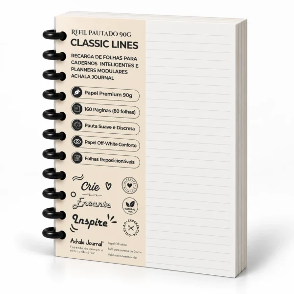 Refil Pautado 90g Classic Lines Achala Journal com folhas reposicionáveis para caderno inteligente e planners de disco