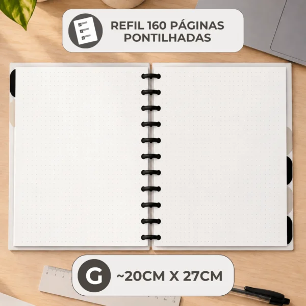 Opções de tamanhos do refil pontilhado Achala Journal disponíveis nos formatos Pequeno, Médio A5 e Grande