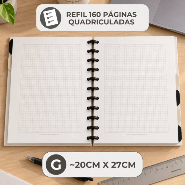 Opções de tamanhos do refil quadriculado Achala Journal disponíveis nos formatos Pequeno, Médio A5 e Grande