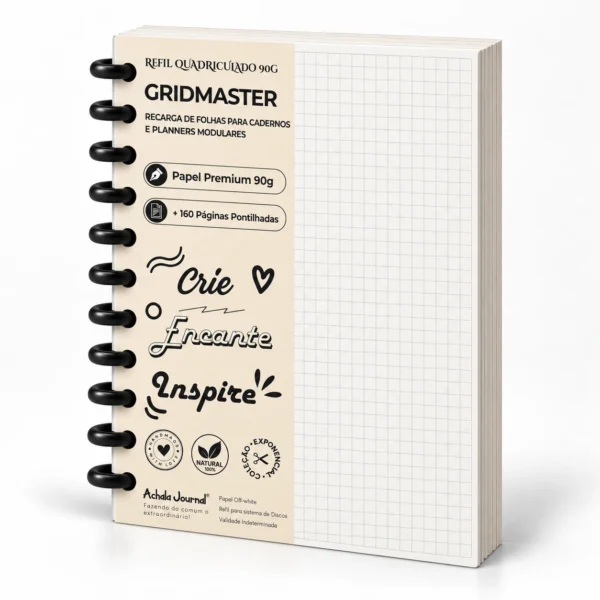 Refil Quadriculado 90g Master Grid Achala Journal com folhas reposicionáveis para caderno inteligente e planners de disco