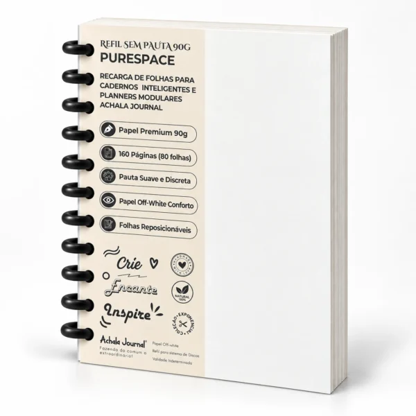 Refil Sem Pauta 90g Plain Canvas Achala Journal com folhas lisas reposicionáveis para caderno inteligente e planners de disco