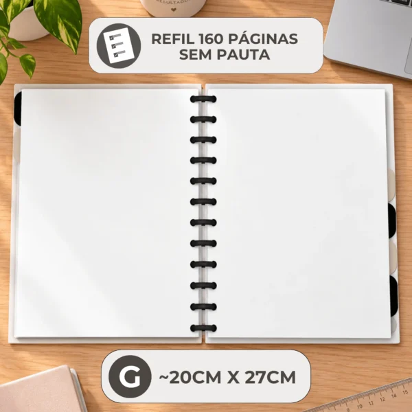 Opções de tamanhos do refil sem pauta Achala Journal disponíveis nos formatos Pequeno, Médio A5 e Grande