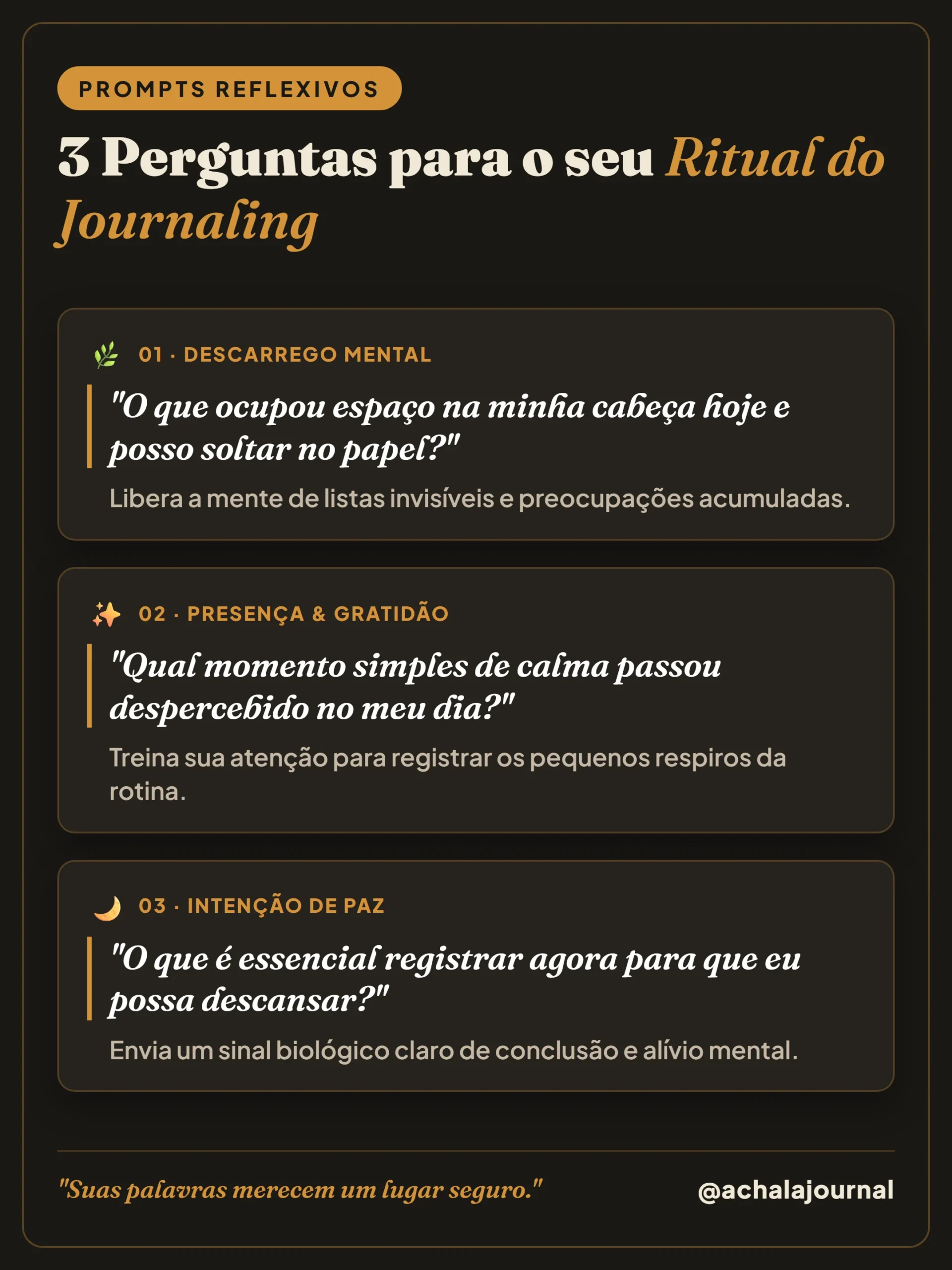 Infográfico com 3 perguntas reflexivas para o ritual do journaling diário